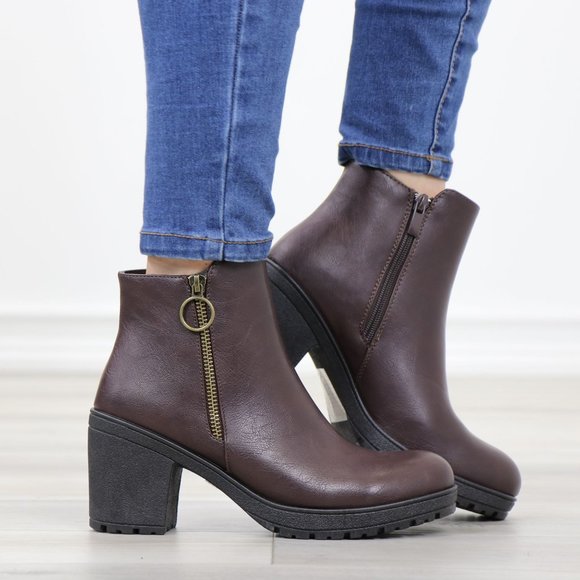 Shoes - Brown Synthetic Leather Chunky Lug Block Heel Round Toe Ankle Boots